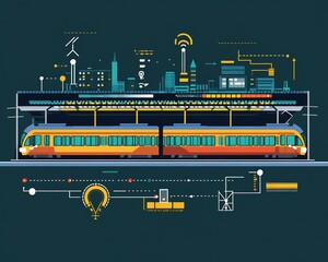 Flat vector showing IoT public transportation with smart ticketing GPS tracking and live arrival updates