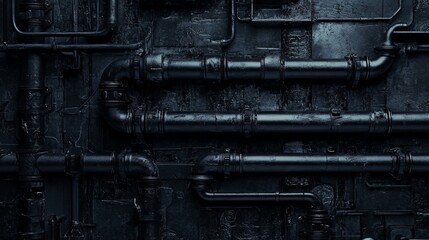 Dark industrial pipes and metal wall in a grunge style, creating an urban, steampunk-inspired texture