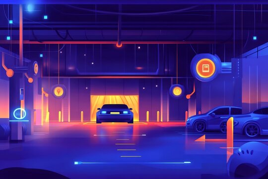 Flat vector visual of smart parking garage using IoT for availability updates license plate recognition and digital payment