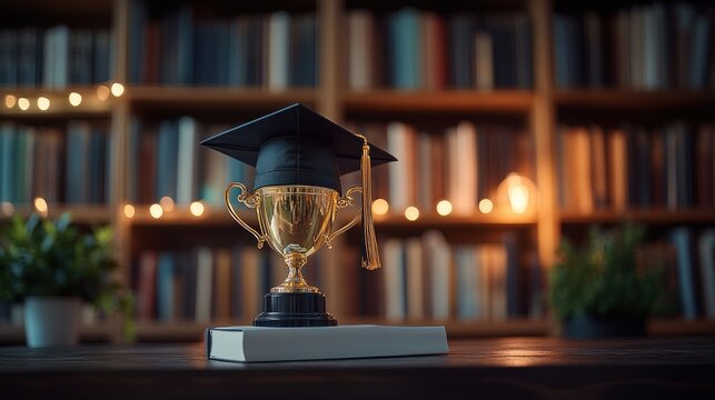 Golden trophy with graduation cap, resting on a book, in a library setting