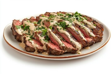 Sliced grilled steak with sauce and parsley garnish on white background