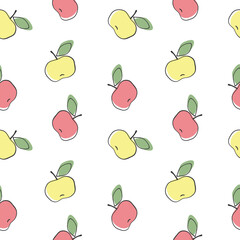 Bright seamless pattern of apples in shades of red and yellow. Design includes whole apples. Suitable for fabric, wallpaper, packaging, kitchenware and digital backdrops.