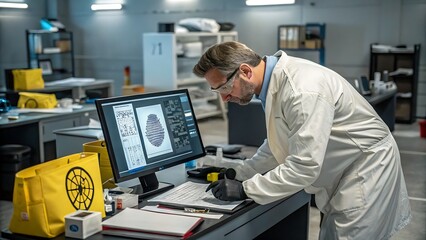 Man in lab coat analyzing fingerprint on computer screen closely