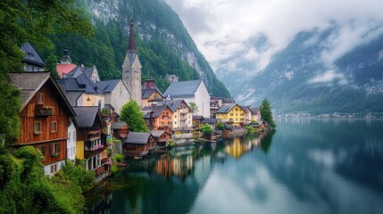 Fototapeta premium Hallstatt Village, Austria: Picturesque Lakeside Charm
