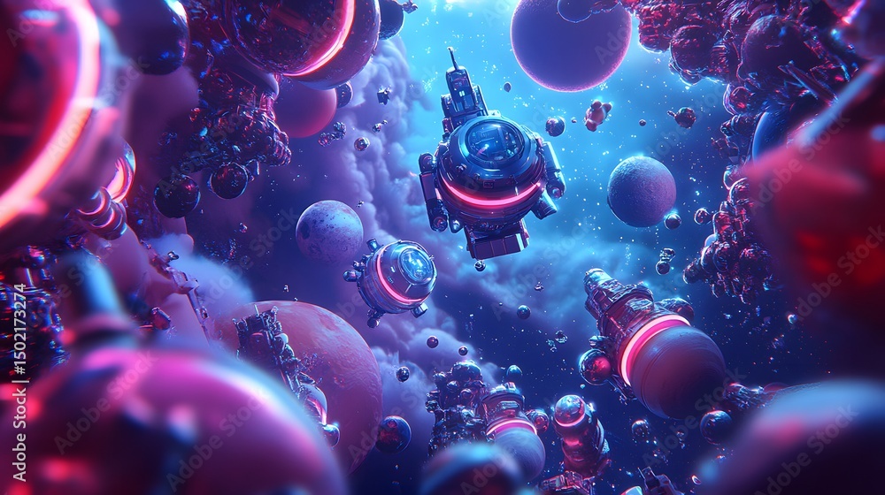 Poster abstract space scene with futuristic objects.