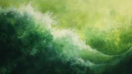 Abstract Green Tones Oil Painting Depicting Dense Forest Canopy From Below