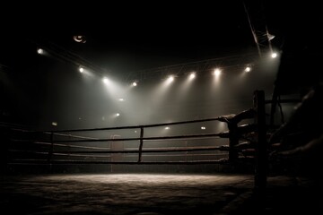 Illuminated boxing ring ropes in smoky darkness