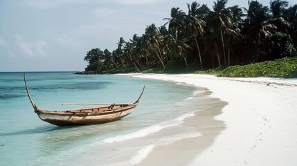 Serene Tropical Beach Scene with Traditional Boat and Palm Trees