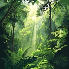 Naklejka premium Lush tropical forest scene bathed in sunlight.