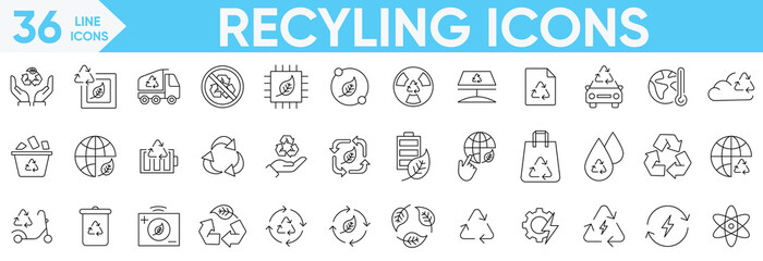 Recycling icons set.recycling, plant, nature, earth, sorting, green energy, ecology, management, sustainability, includes recycling, power and more.Vector and illustrator set.