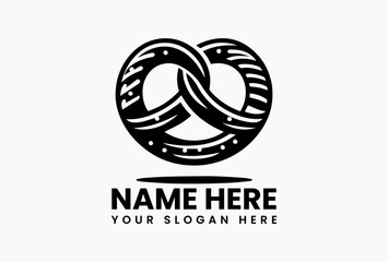 Elegant pretzel silhouette with salt crystal details in monochrome vector logo. Gourmet snack branding  