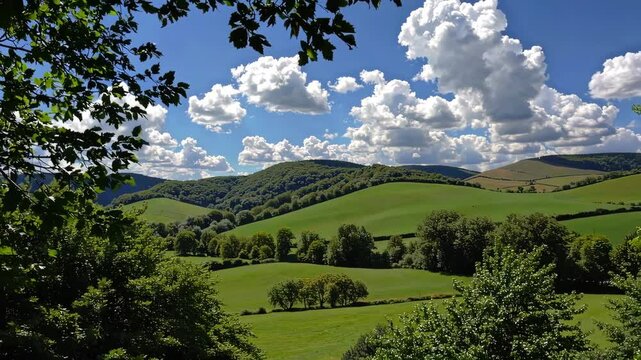 Lush hills under dramatic clouds: serene nature scene capturing rolling landscapes