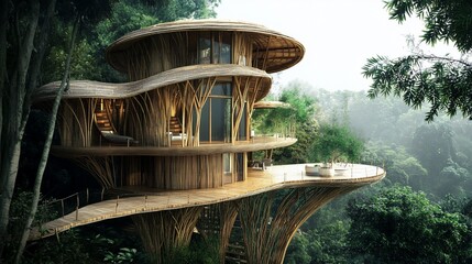 Enchanting bamboo treehouse nestled amidst the lush greenery of a tropical forest