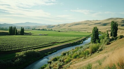 Picturesque Vineyard Landscape with Winding River and Rolling Hills