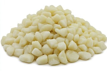 Pile of small, light beige, triangular-shaped food pieces