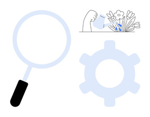 Magnifying glass, hand watering flowers, and gear symbolizing analysis, growth, and functionality. Ideal for business, strategy, productivity, innovation research teamwork development flat simple
