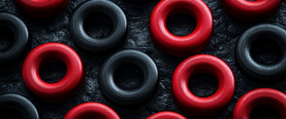 A stark contrast of red and black wooden rings against a textured background
