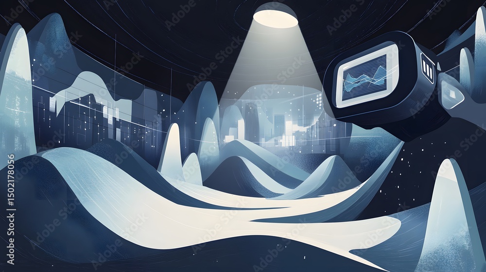 Poster abstract digital landscape with data visualization.