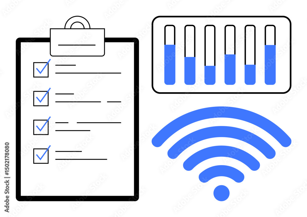 Poster clipboard with a checklist, bar chart with data analysis, and wireless signal icon. ideal for produc