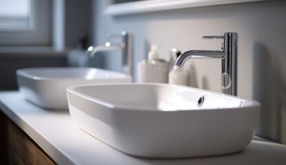 Fototapeta premium Modern bathroom sinks and chrome faucet