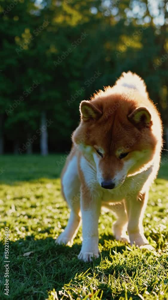 Poster a video still of a happy dog sitting on grass in a park, captured from a low angle with sunlight fil