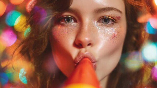 Young Woman with Long Hair and Glitter Makeup Holding a Party Horn with Colorful Bokeh Background