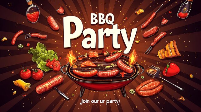 Colorful illustration of a barbecue party with food items flying around.