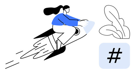 Woman riding a rocket with speed trails, metadata tag icon, and abstract plant. Ideal for innovation, social media, digital marketing, growth, creativity, progress simple landing page