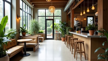 Fototapeta premium Modern cafe interior with plants, and sunlight. (1)