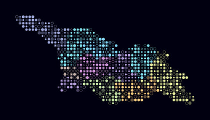 Georgia, shape of the country built of colored cells. Digital style map of Georgia on dark background. Small size circle blocks. Modern vector illustration.