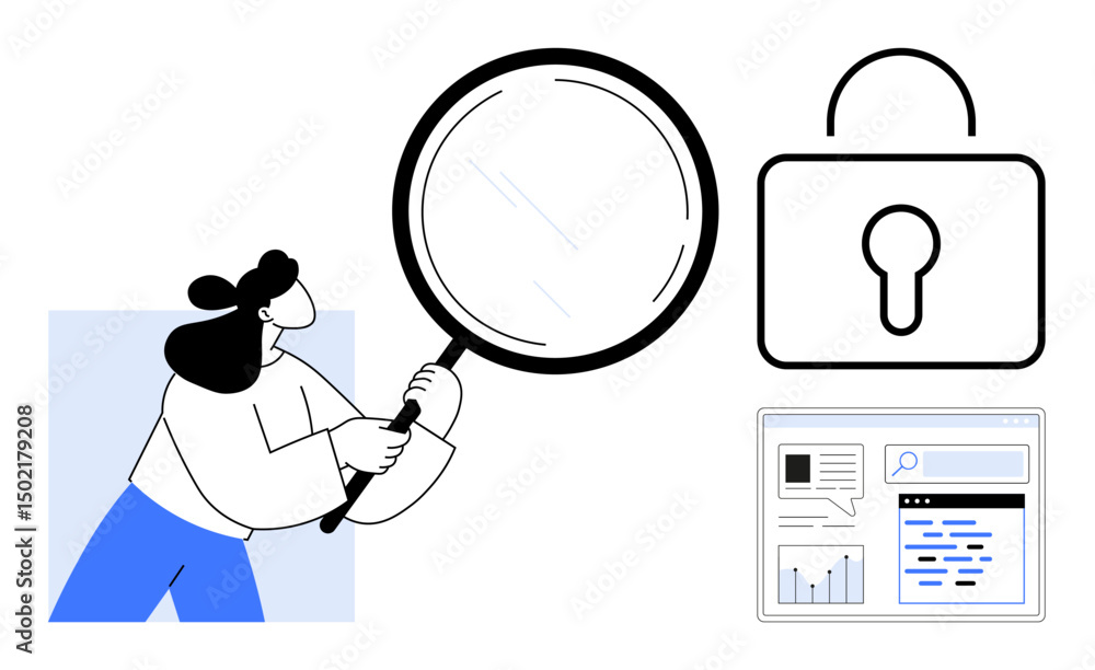 Poster woman using magnifying glass alongside lock icon and web interface with charts and text. ideal for c