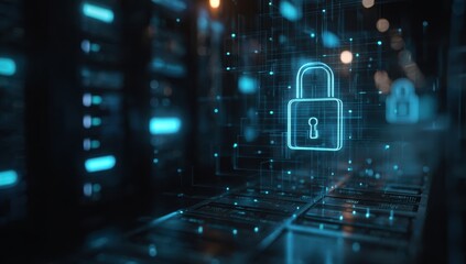 Data security technology with glowing padlock design