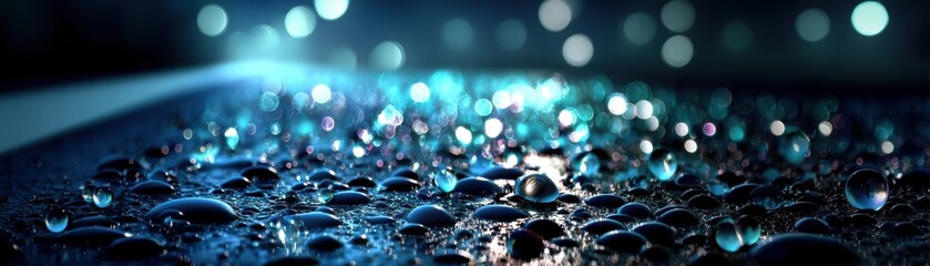 Naklejka premium Captivating water droplets on dark surface macro photography nighttime abstract environment close-up perspective