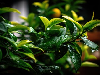 Lush green leaves with raindrops close-up photography nature indoor setting macro view pure serenity