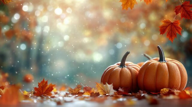 Autumnal still life featuring pumpkins and vibrant foliage amid magical bokeh
