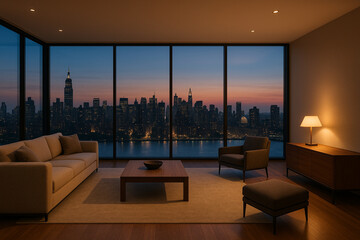 Luxurious Urban Apartment Living Room with Panoramic City Skyline View at Sunset