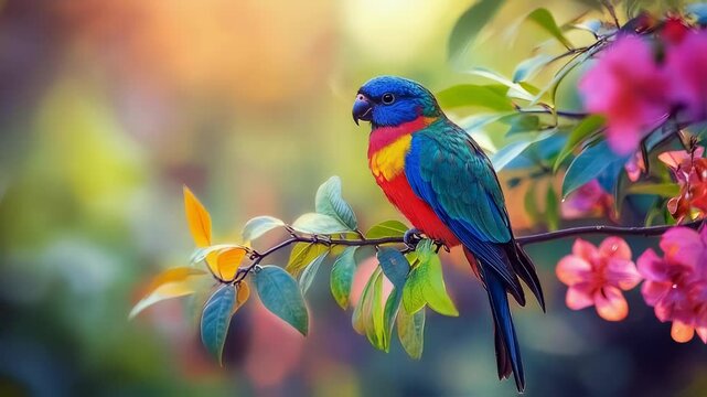 Vibrant lorikeet perched gracefully on a flowering branch in soft focus