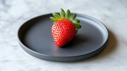 A single strawberry on a dark plate against a marble background