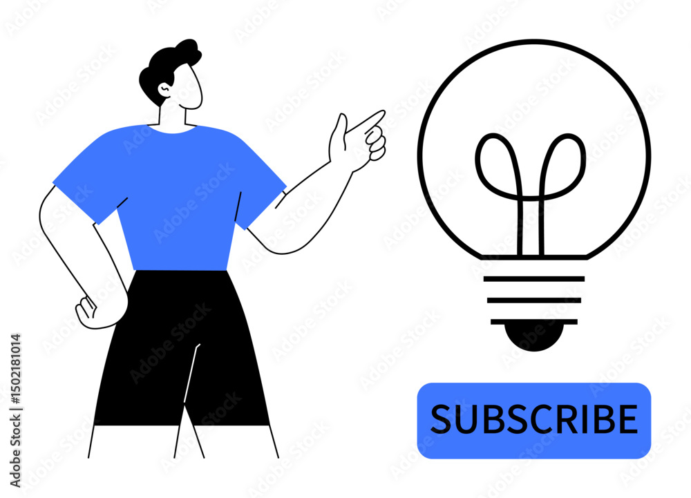 Poster man pointing at lightbulb icon with a subscribe button, symbolizing ideas, innovation, and action. i