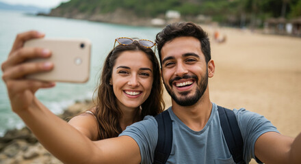 Happy couple taking a selfie at the beach with sunglasses and backpack on a sunny day during their vacation