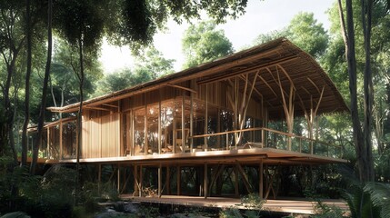 Luxurious wooden eco-house amidst lush green forest, blending architecture with nature creating a peaceful retreat