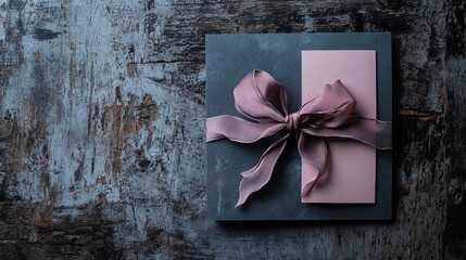 Elegant gift with mauve ribbon on rustic wooden surface for special events