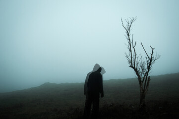 A spooky hooded figure, standing next to a tree on a foggy winters day on the moors. With a double...