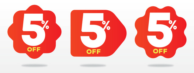 5% off, sticker, value, retail, discount, sale, price, offer, tag, marketing red, web, e-commerce. Shape, label, icon, set, store, banner