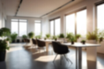 Fototapeta premium Blur background of office interior with large windows with city urban view, plants, and wooden desks at sunset. Modern workplace and urban greenery concept. Design for poster, wallpaper. Spate.