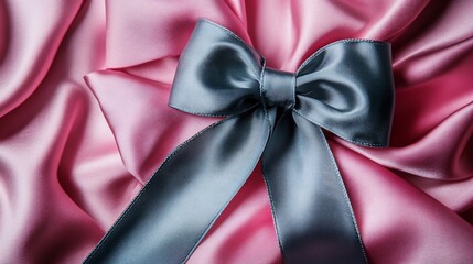 Elegant silver bow on vibrant pink silk fabric creates a festive backdrop