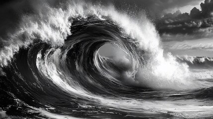 Monochromatic marvel, A mesmerizing close-up of a powerful ocean wave