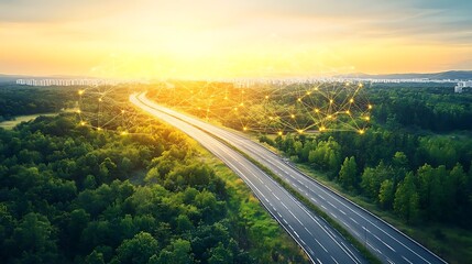 Fototapeta premium Highway sunset, network connection, city skyline