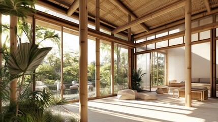 Serene bamboo architecture blends seamlessly with lush tropical landscape