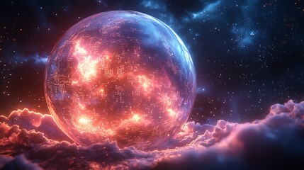 Alien Sphere of Colourful Gas and Matrix Light Spins In Cyber Storm Textured With Data Bloom and Surreal Text